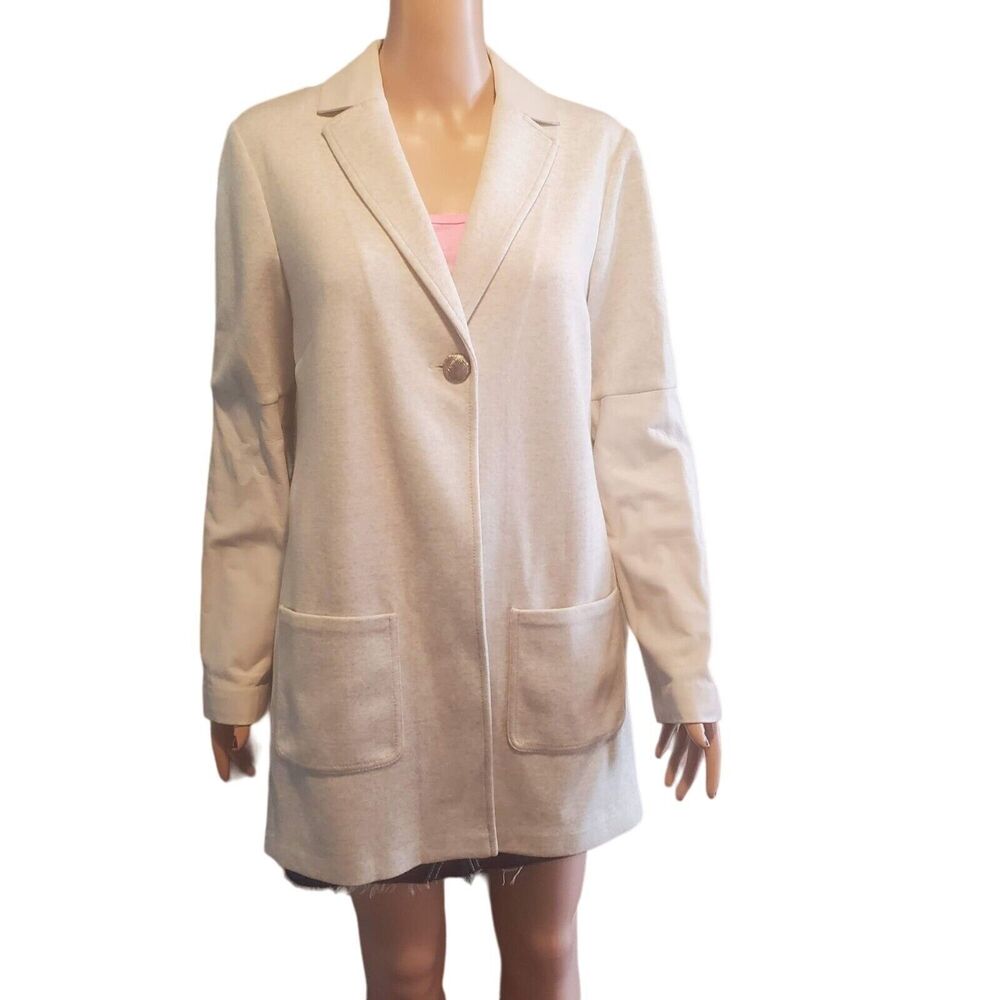 St. John Size 8 Wool Leather Trim Long Cardigan Blazer Heather Gray TINY FLAW